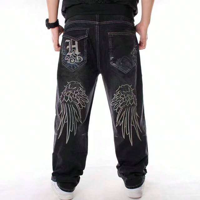 ROMWE MEN Men&#39;s Loose-Fit Wide-Leg Jeans With Letter And Wing Print, Casual And Versatile, School