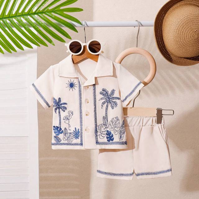 Souflis Newborn Baby Boys&#39; Fashionable Embroidered Tropical Collar Short Sleeve Shirt And Shorts Set, For Spring/Summer