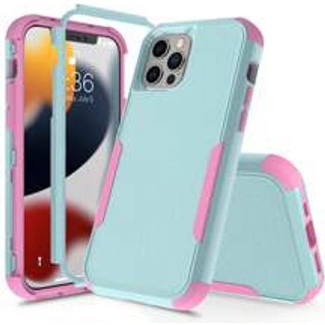 Apple 3-lagersskal kompatibelt med 16 15 14 13 12 11 Pro Max Mini XR XS Max 8 7 15Plus SE 2020 Lyxigt rustning stötsäkert mjukt bumpers hårt skal, kom - grön+rosa (Multi-size)