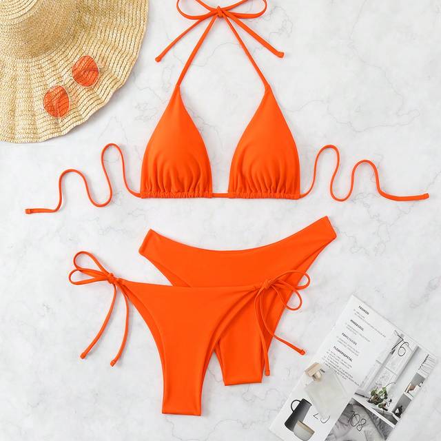 Swim Basics Women Summer Beach Solid Halter Neck 3-Piece Bikini Set Bathing Suit, Suitable For Holiday Orange Bikiniswimsuit Set