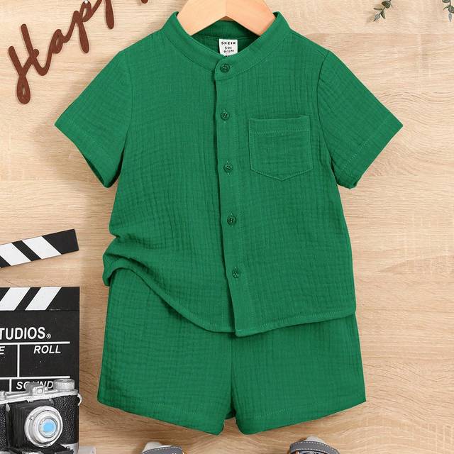 SHEIN Baby Boy Green Summer Casual Comfortable British Style Retro Stand Collar Short Sleeve Top And Shorts Set, Suitable For Birthday Party, Christening, 1