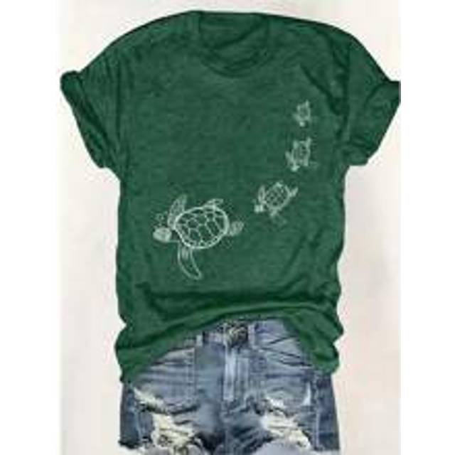 Kvinnors sommarsköldpadda tryckt rundhalsad kortärmad Casual T-shirt - Mörk Grön (L,M,S,XL)