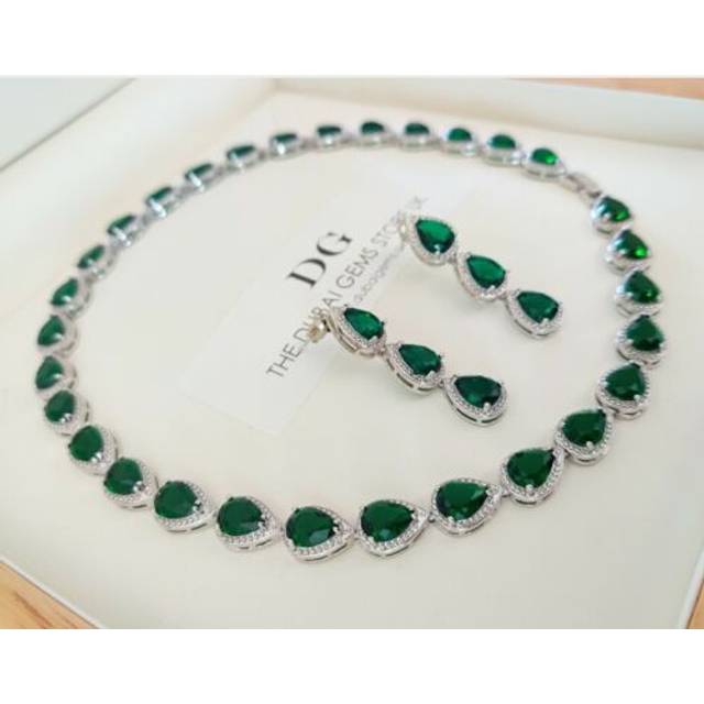 White gold finish green emerald pear cut created diamond necklace earring set