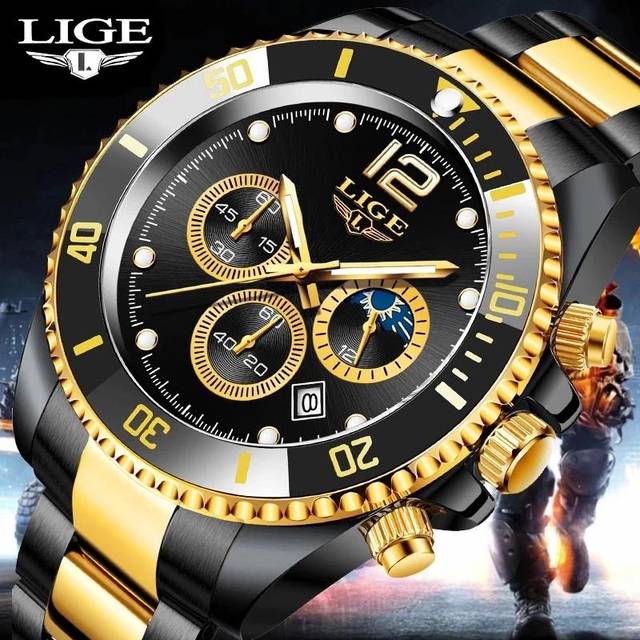 LIGE  Mens Watches Top Brand Luxury Clock Casual Stainless Steel 24 Hour Moon Phase Men Watch Sport Waterproof Quartz Chronograph gold/black
