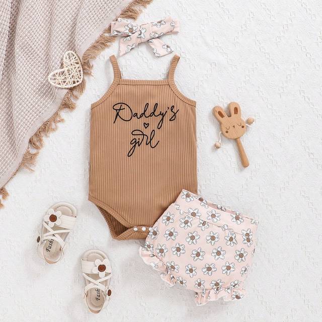 SHEIN Baby Girl Spring Letter Printed Sleeveless Bodysuit And Daisy Printed Bloomers Cute Outfit
