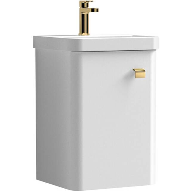 Curve Wall Hung 1 Door Vanity Basin Unit - 400mm - Gloss White with Bushed Brass Drop Handle (Tap Not Included)
