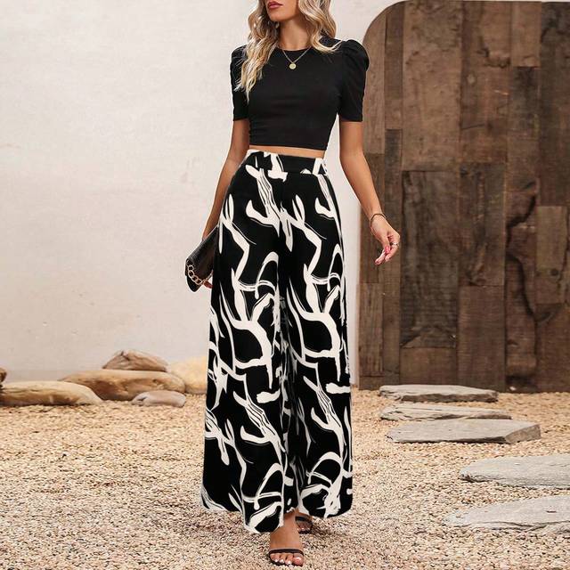SHEIN Women High Waist Printed Wide-Leg Loose Long Pants,Ladies Spring/Fall Casual Zipper Natural Wide Leg Long Black And White Loose Women Pants,Casual Dai