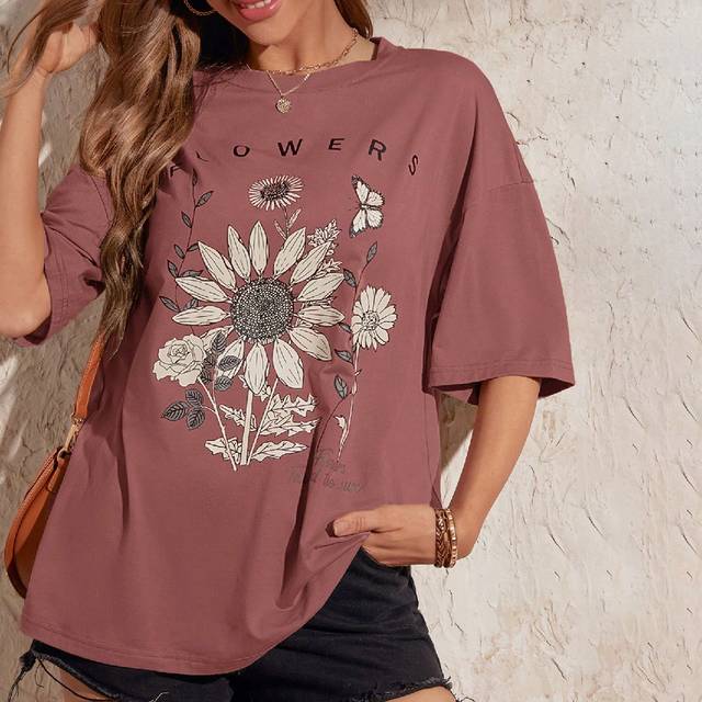 SHEIN Floral & Slogan Graphic Drop Shoulder Oversized Tee FLOWERS Towards The Sun