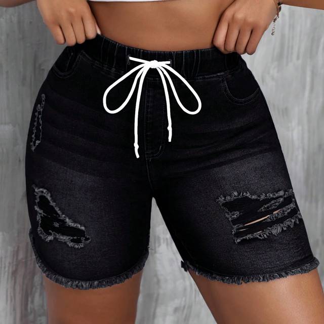 SHEIN Plus Size Summer Casual Slim Fit Distressed Denim Shorts