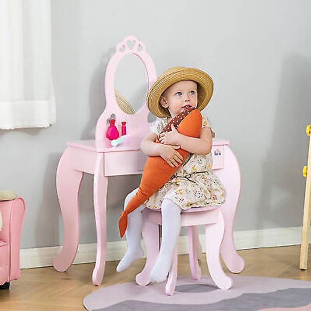 HOMCOM Kids Vanity Table & Stool Girls Dressing Set Make Up Desk Chair Dresser Play Set with Mirror Pink Aosom UK