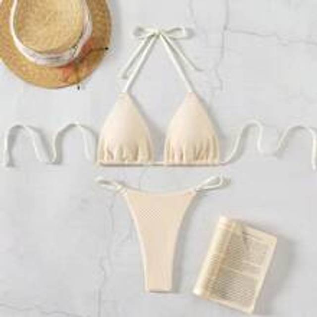 Damsemester Enfärgad Halter Neck Sexig Bikini Set, Summer Beach - Aprikos (L,M,S,XS)