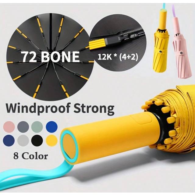 SHEIN 72 Bone Super Strong Windproof Automatic Sun Umbrella For Men Women Large Rainproof Sun-Proof UV Protection Folding Men Umbrellas (Yellow) Summer Cool