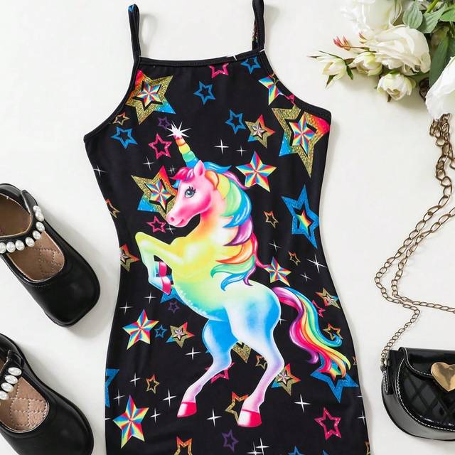 SHEIN Young Girl Summer Fashion Unicorn & Star Print Spaghetti Strap Dress