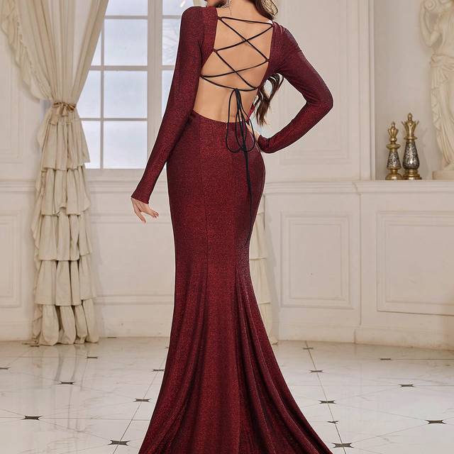 SHEIN Women&#39;s Fish Tail Evening Dress With Gold And Silver Thread Fabric And Back Tie Design (heavy Work), Formal Dress For Evening Party