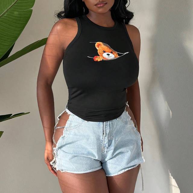 SHEIN Stretchy Cute Tops Summer Sexy And Casual Cartoon Teddy Bear Pattern Women&#39;s Tank Top