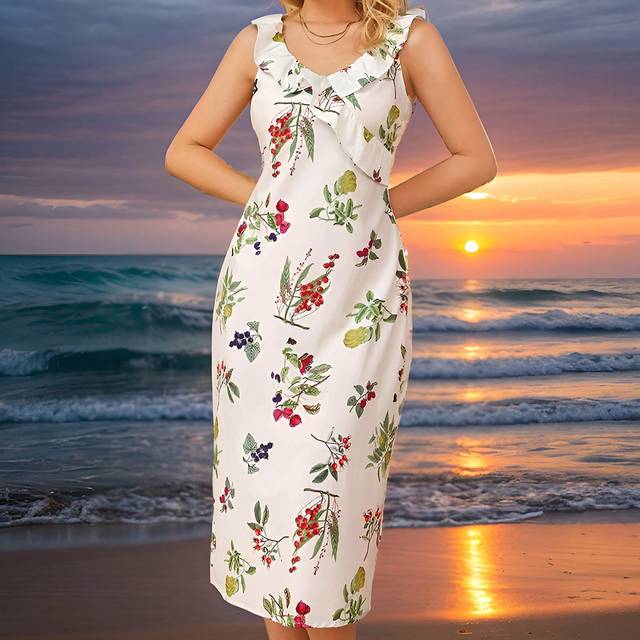 Aveloria Berry & Floral Printed Light French Style Vacation Dress With Ruffled V-Neckline To Showcase Feminine Curve For Women