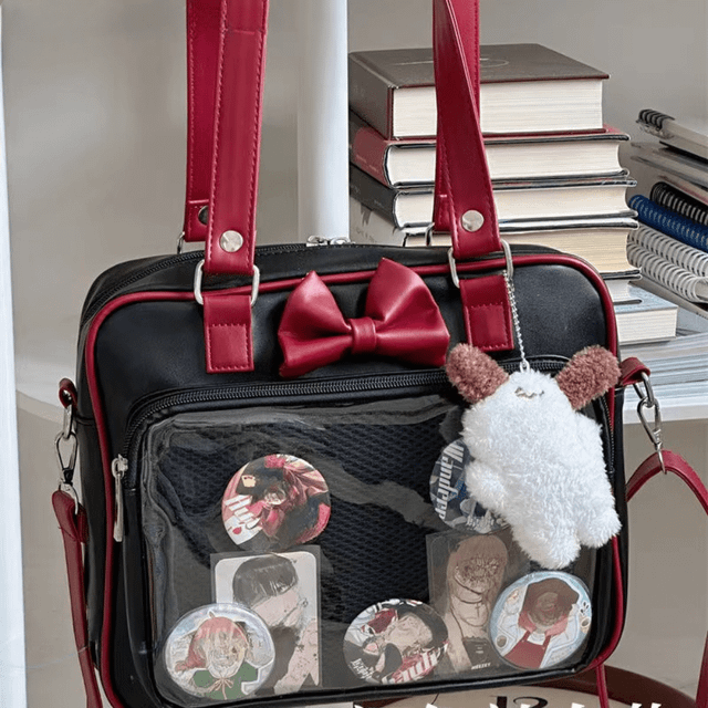 SHEIN Japanese Style Kawaii PU Leather Itabag Women Transparent Pocket Bowknot Lolita Shoulder Bag Tote Handbags Women Ita Bag JK Girl, Street & Japanese St
