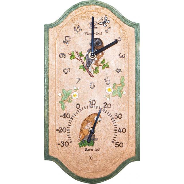 Owl design outdoor garden clock and thermometer wall mounted decor battery power