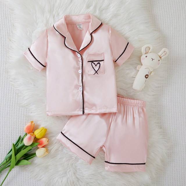 SHEIN 2pcs Baby Girls Pink Polka Dot Shirt & Shorts Pajama Set