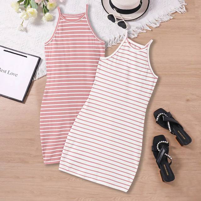 SHEIN Teen Girl Two Pieces Summer Striped Cami Dress