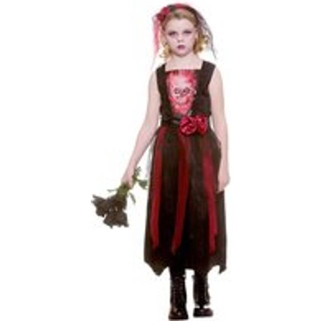 Girls Bride of the Dead Costume Black Red Dress Roses Veil - L (8-10 years)
