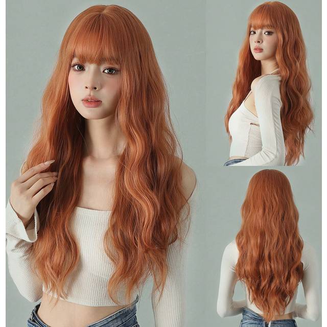 SHEIN Black With Green Highlights Long Curly Wig With Bangs. Woven Chemical Fiber Hair Daily Artificial Scalp