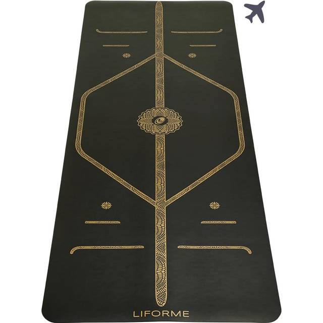 Liforme Black & Gold Travel Yoga Mat - Black - Free Yoga Bag - Non-Slip, Eco Friendly With Patented Alignment Line System