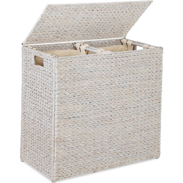 Best Choice Products Large Double Laundry Hamper with Lid  Natural Handwoven Water Hyacinth  2 Sections w/ 2 Machine Washable Linen Liner Bags  Portab