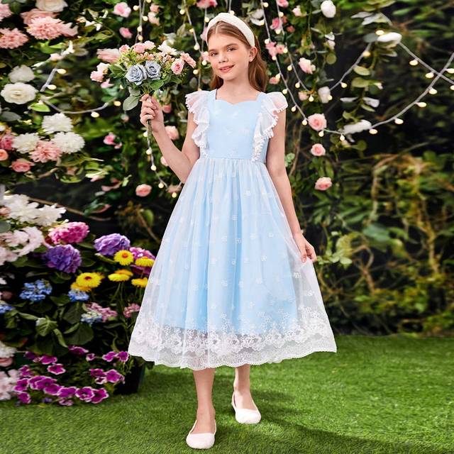 Tween Girls Broderad Mesh Kontrastklänning med Sweetheart-ringning - Babyblå (8Y,9Y,10Y,11Y,12Y)