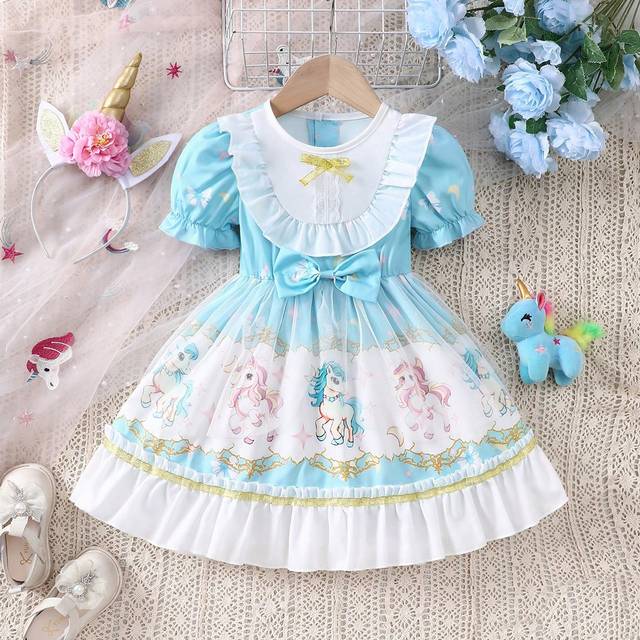 SHEIN Baby Girls&#39; Unicorn Pattern Mesh Contrast Puff Sleeve Dress For Summer