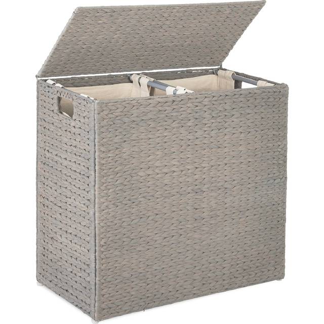 Best Choice Products Large Double Laundry Hamper with Lid  Natural Handwoven Water Hyacinth  2 Sections w/ 2 Machine Washable Linen Liner Bags  Portab