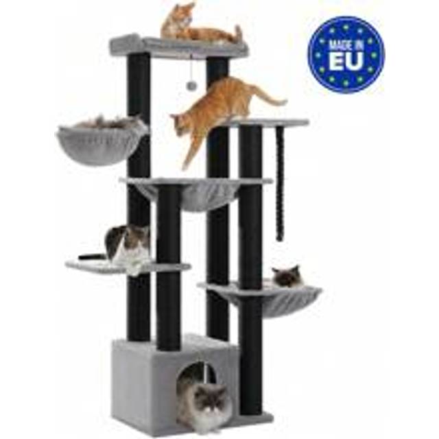 Kattträd för stora katter, Heavy Duty Multi-Leer Cat Tower, Cat House klätterträd med hängmatta, 11 sisalstolpar, stor sits, grotta, korgar, 170 cm, t - Grå