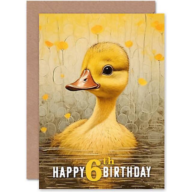 Kids birthday age 6 cute sweet duckling duck pond flowers child greeting card