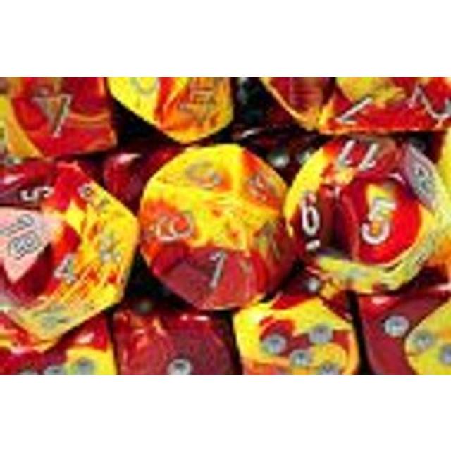Chessex Manufacturing 26650 D6 Cube Gemini Set Of 12 Dice, 16 mm - Red & Yellow With Silver Numbering
