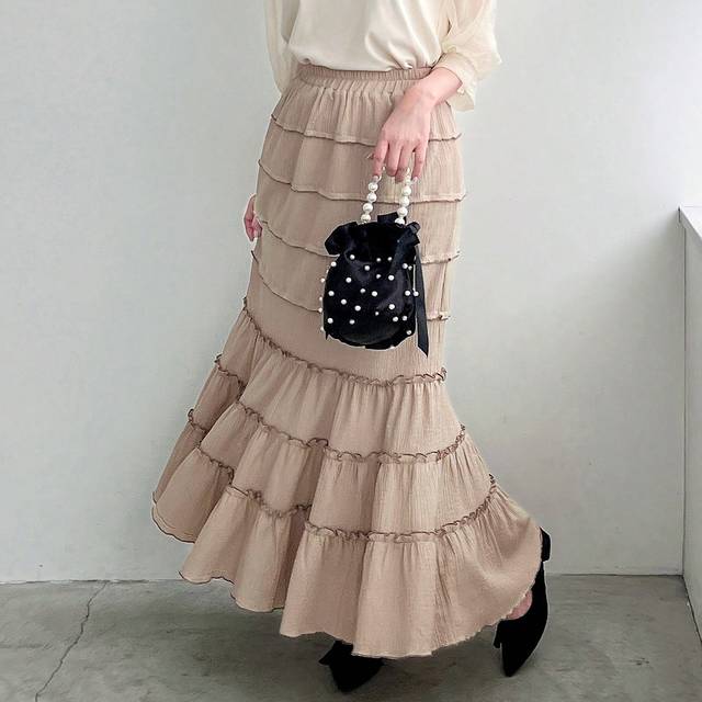 FRIFUL Women&#39;s Solid Color Elastic Waist Asymmetrical Ruffle Hem Long Mermaid Skirt
