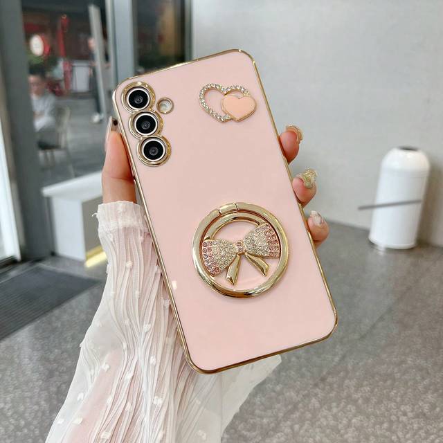 SHEIN One Pink TPU Plating Anti-Drop Phone Case, One Pink Circle Rhinestone Bow Stand, And One Pink Plating Rhinestone Heart, Compatible With / IPhone Case