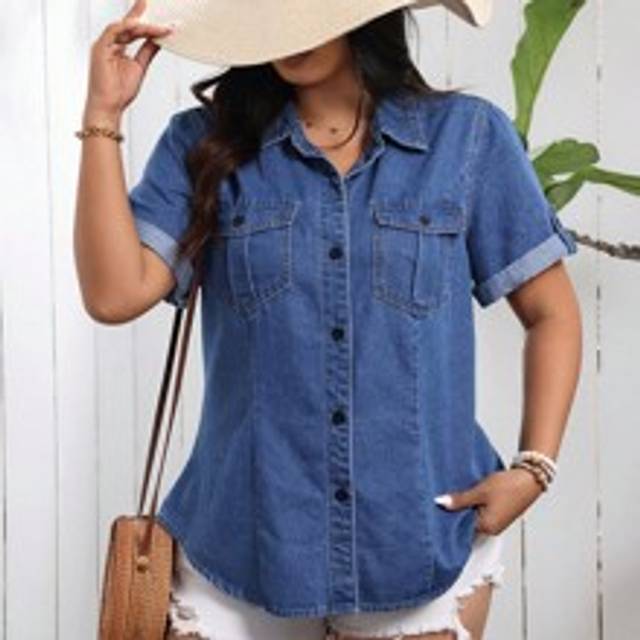 Plus Size Dam sommar Casual Fit jeansskjorta med fickor och korta ärmar - Blå (0XL,1XL,2XL,3XL,4XL)