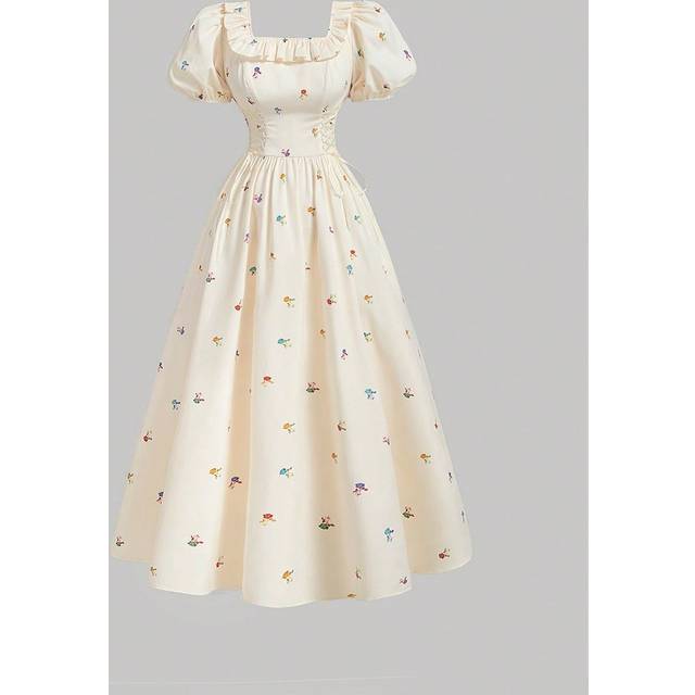 SHEIN Women&#39;s Square Neck Puff Sleeve Floral Vintage Floral Print Dress, Elegant Waist Dress, Party Dress, Bridal Shower Dress