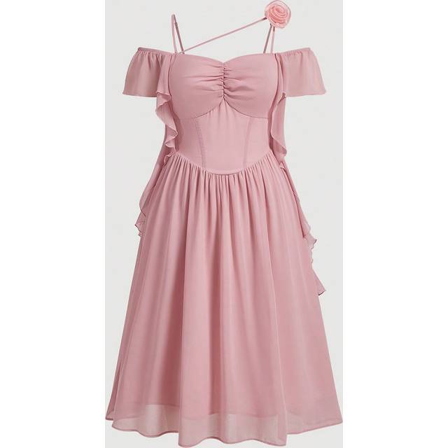 SHEIN Plus Size Summer Solid Color Sleeveless 3D Floral Printed Pink Dress For Women,Grad Dress,Elegant Wedding Dress,Dress