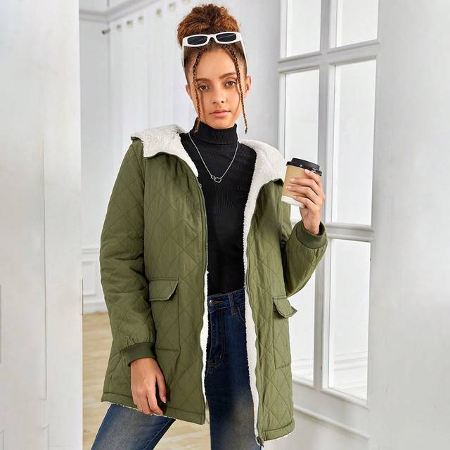 SHEIN Teen Girl Flap Pocket Teddy Lined Hooded Coat