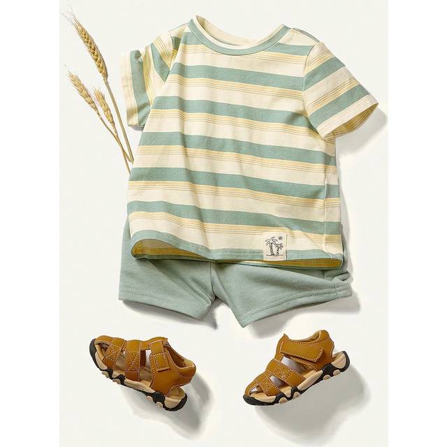 Cozy Pixies Baby Boy Colorful Striped Round Neck Short-Sleeved Top With Decorative Weave Tape And Casual Shorts Two-Piece Set