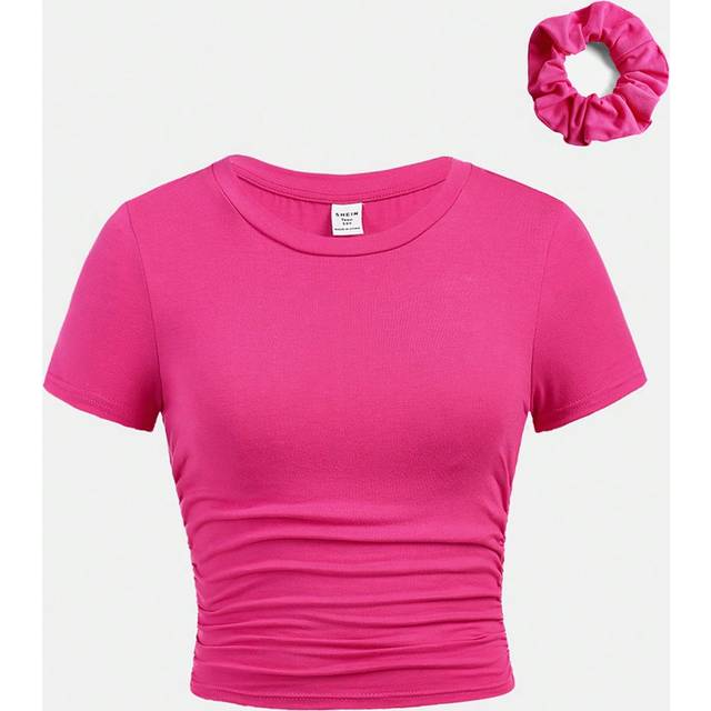 SHEIN Teen Girl Knitted Solid Color Crinkled Short Sleeve T-Shirt With Round Neckline And One Hair Tie