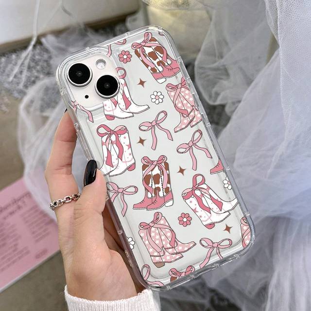 SHEIN Apple Western Aesthetic 1pc Creative Bohemian Girl Bowknot Boots Daisy Pattern Airbag Anti-Slip Phone Case Compatible With IPhone 11/12/13/14/15 Pro M