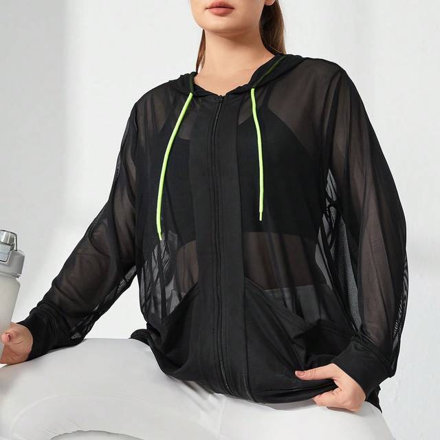 SHEIN Women&#39;s Plus Size Mesh Hooded Track Jacket
