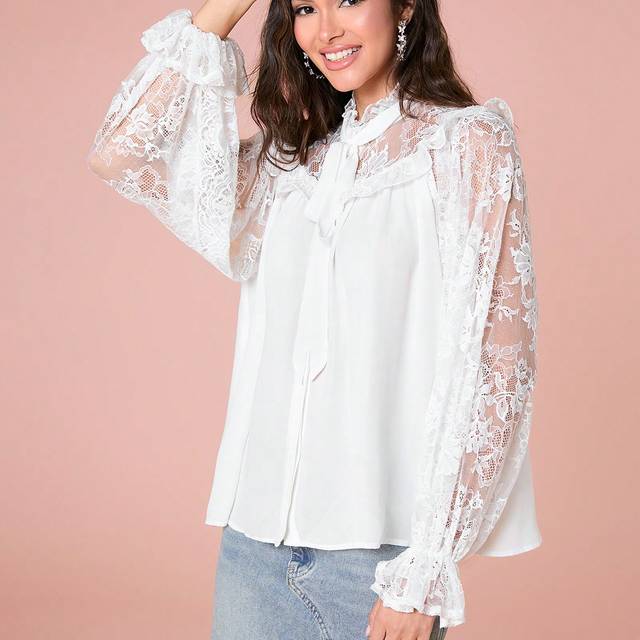 Enchnt Women&#39;s Casual Solid Color Lace Splicing Ruffled Sleeve Blouse, Spring/Summer