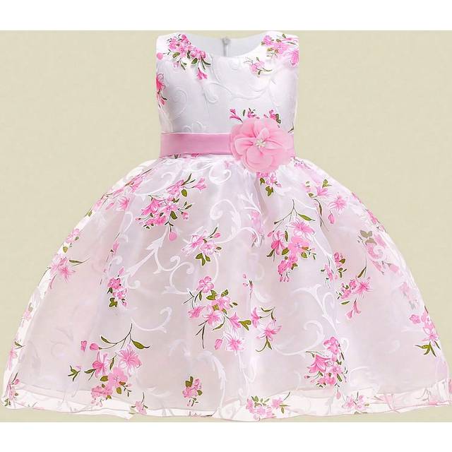 SHEIN Sleeveless Round Neck Floral Print Mesh Tulle Skirt Dress For Young Girls, Elegant & , Excluding Hair Accessory