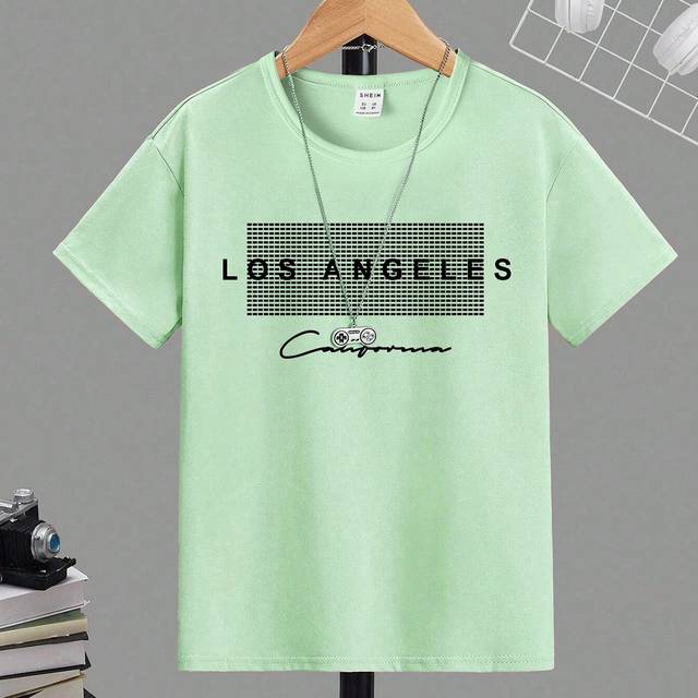SHEIN 1pc Tween Boy Fashionable Letter Print Basic Round Neck Short Sleeve T-Shirt