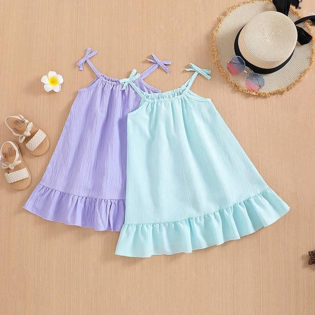 SHEIN 2pcs/Set Young Girl Back-To-School Simple Casual Sleeveless Loose Dress With 3D Bowknot For Summer