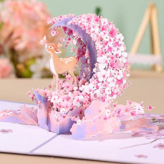SHEIN 1pc Cherry Blossom Flower Greeting Card, Romantic Birthday Card For Birthday, Wedding Gift(Including 1 Envelope + 1 Handwritten Card + 1 3d Greeting C