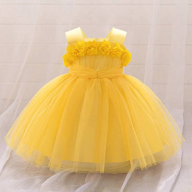 SHEIN Baby Girls Solid Color Mesh Sleeveless Wide Strap Floral Decor Elegant Flower Girl Dress, Suitable For Wedding And Party Events, Excluding Headwear